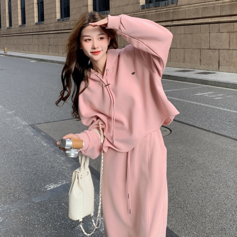 鹽甜系穿搭時尚粉色衛衣套裝女秋冬新款休閒顯瘦氣質半身裙兩件套