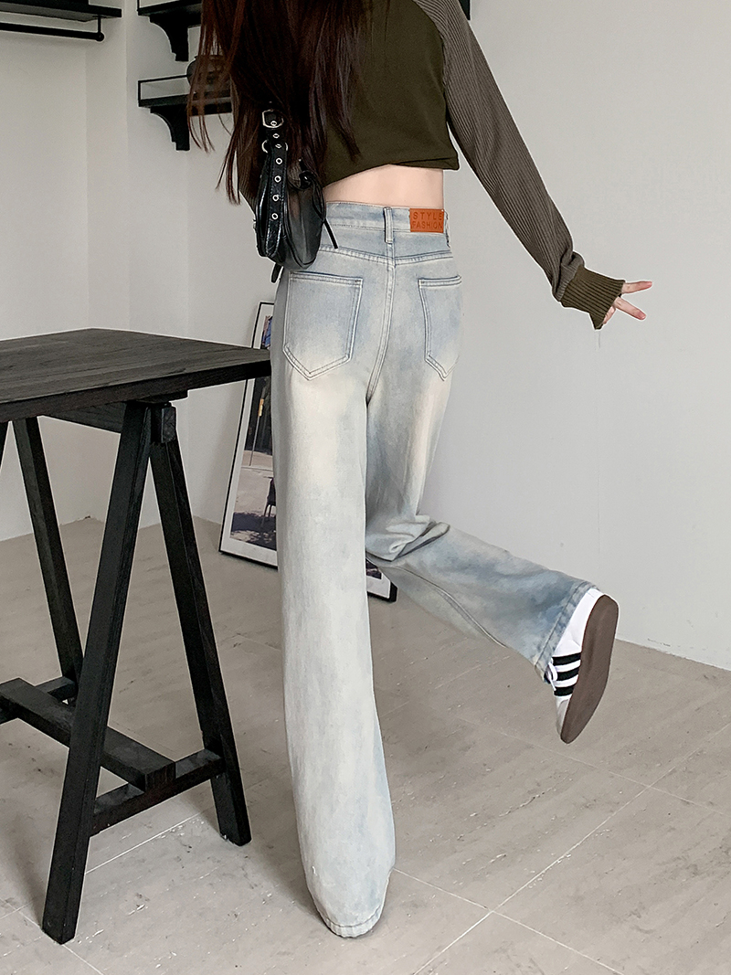 實拍~淺色復古高腰牛仔褲女秋季美式闊腿褲直筒褲垂感長褲子