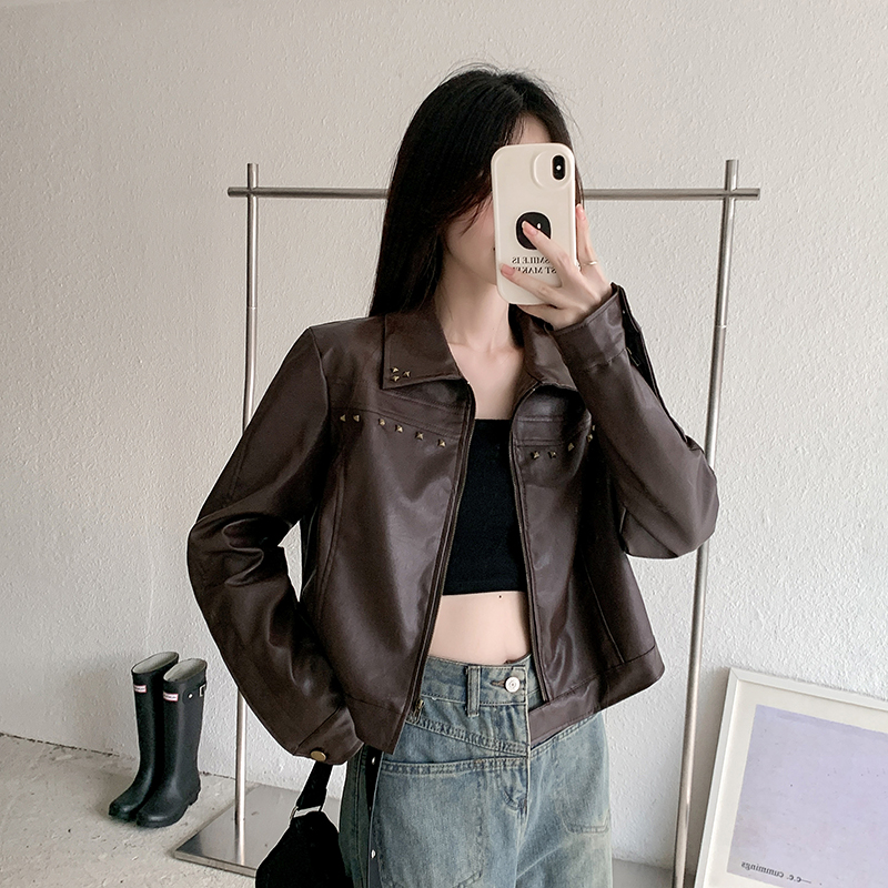 Real shot ~ Brown American retro rivet short jacket for women 2023 autumn new PU leather jacket trendy