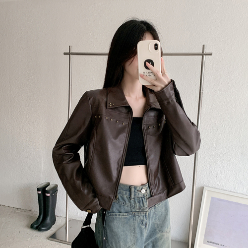 Real shot ~ Brown American retro rivet short jacket for women  autumn new PU leather jacket trendy