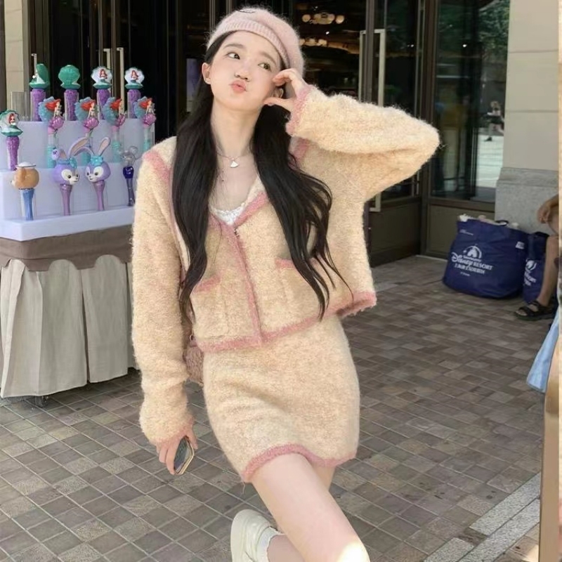 兩件套裝2023秋冬季新款學院風軟妹毛衣開衫外套針織半身裙套裝女