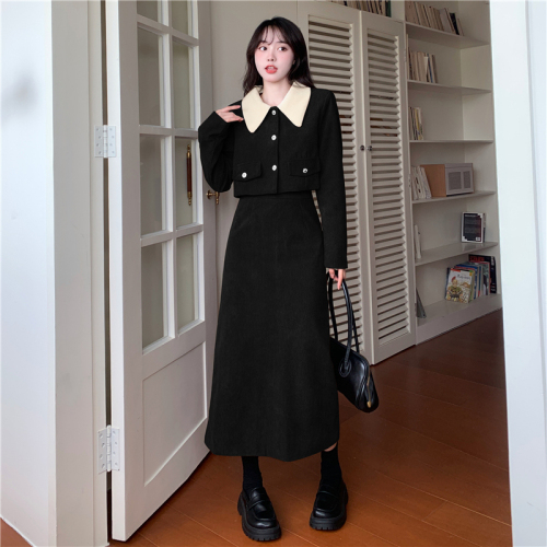 European cotton velvet hot corduroy two-piece autumn and winter large size fat mm small fragrance jacket + skirt set