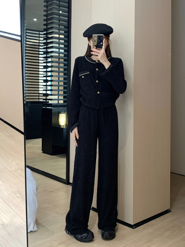 Real shot ~ Large size slightly fat casual fashion two-piece set with small fragrance and lazy temperament jacket top + drapey wide-leg pants