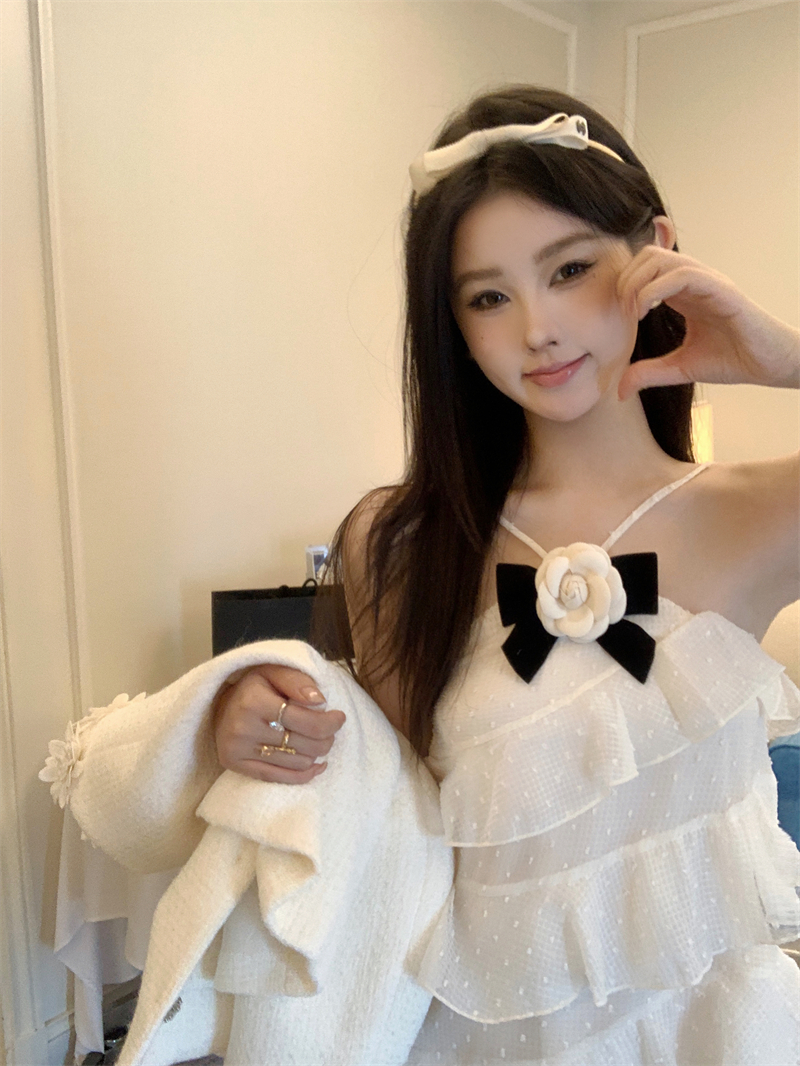 實拍~性感波點垂墜感無袖掛脖抹胸連衣裙高級感蛋糕禮服裙