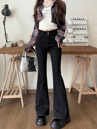 Actual shot# Slim slim stretch denim trousers for women, designer two-button micro-flared floor-length trousers