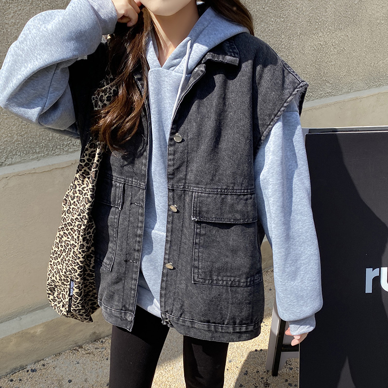 Actual shot~Denim vest for women, autumn and winter coat, velvet thickened coat, work vest, internet celebrity denim vest