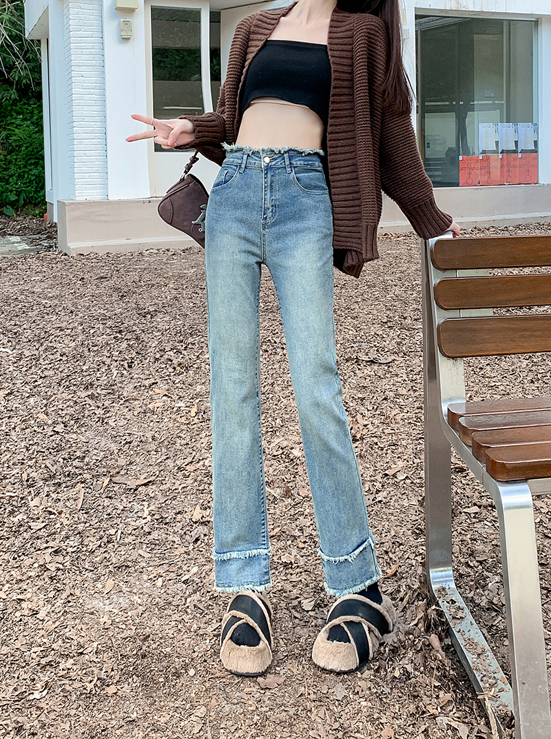實拍~復古毛邊設計感直筒牛仔褲女新款高腰顯瘦九分煙管褲子