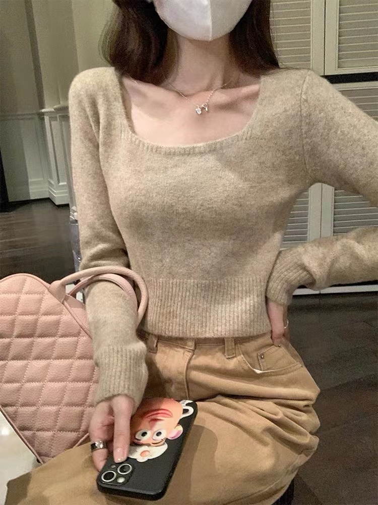 Square collar short soft waxy sweater for women autumn 2023 new pullover short sleeve long-sleeved top versatile base layer shirt