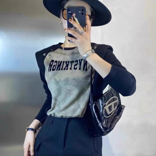 Original workmanship  new autumn fashion sleeve color block letter top women's casual shoulder pad long-sleeved T-shirt for women