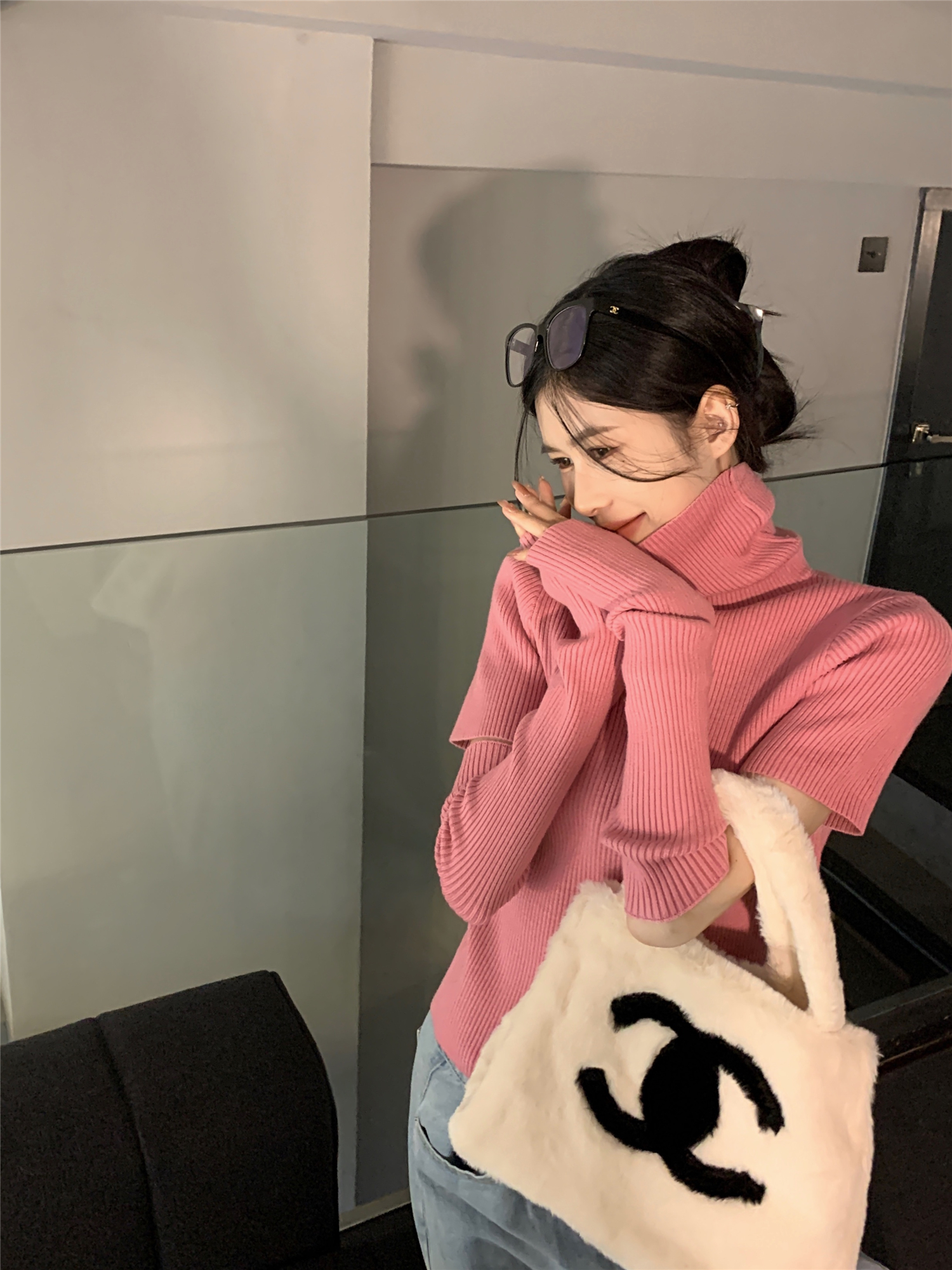 實拍~甜辣繆斯/高領修身顯瘦上衣袖套針織衫女秋冬款打底毛衣