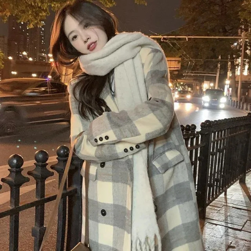 Korean style plaid woolen coat for women new autumn and winter mid-length casual temperament Hepburn style woolen coat