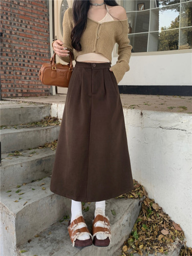 Actual shot of  new winter woolen skirt for women, high-waisted, crotch-covering, slimming mid-length A-line skirt