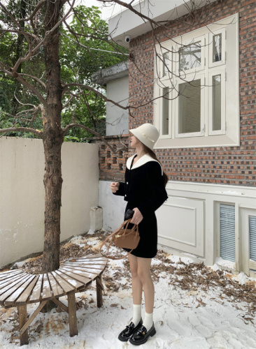 实拍！法式时尚娃娃领黑白撞色丝绒短款外套+高腰显瘦半身裙 套装