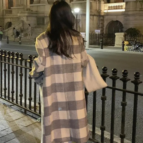 Korean style plaid woolen coat for women new autumn and winter mid-length casual temperament Hepburn style woolen coat