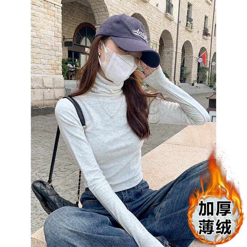 實拍堆堆領西裝打底衫女秋冬季磨毛加厚長袖t恤高腰短款上衣