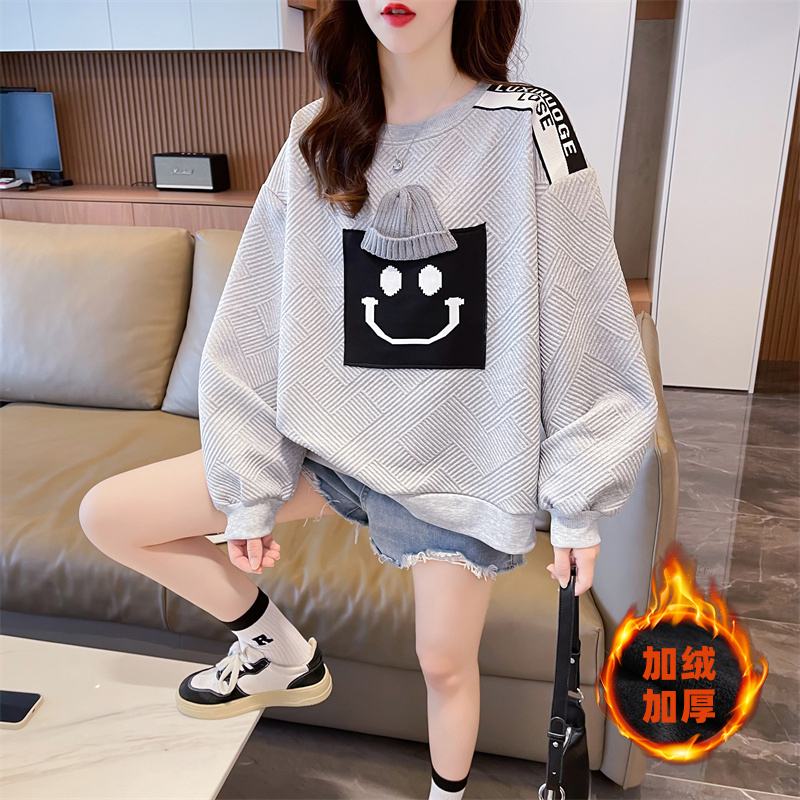 實拍2023加絨加厚提花螺口CVC韓版寬鬆小個子貼布輔料衛衣女
