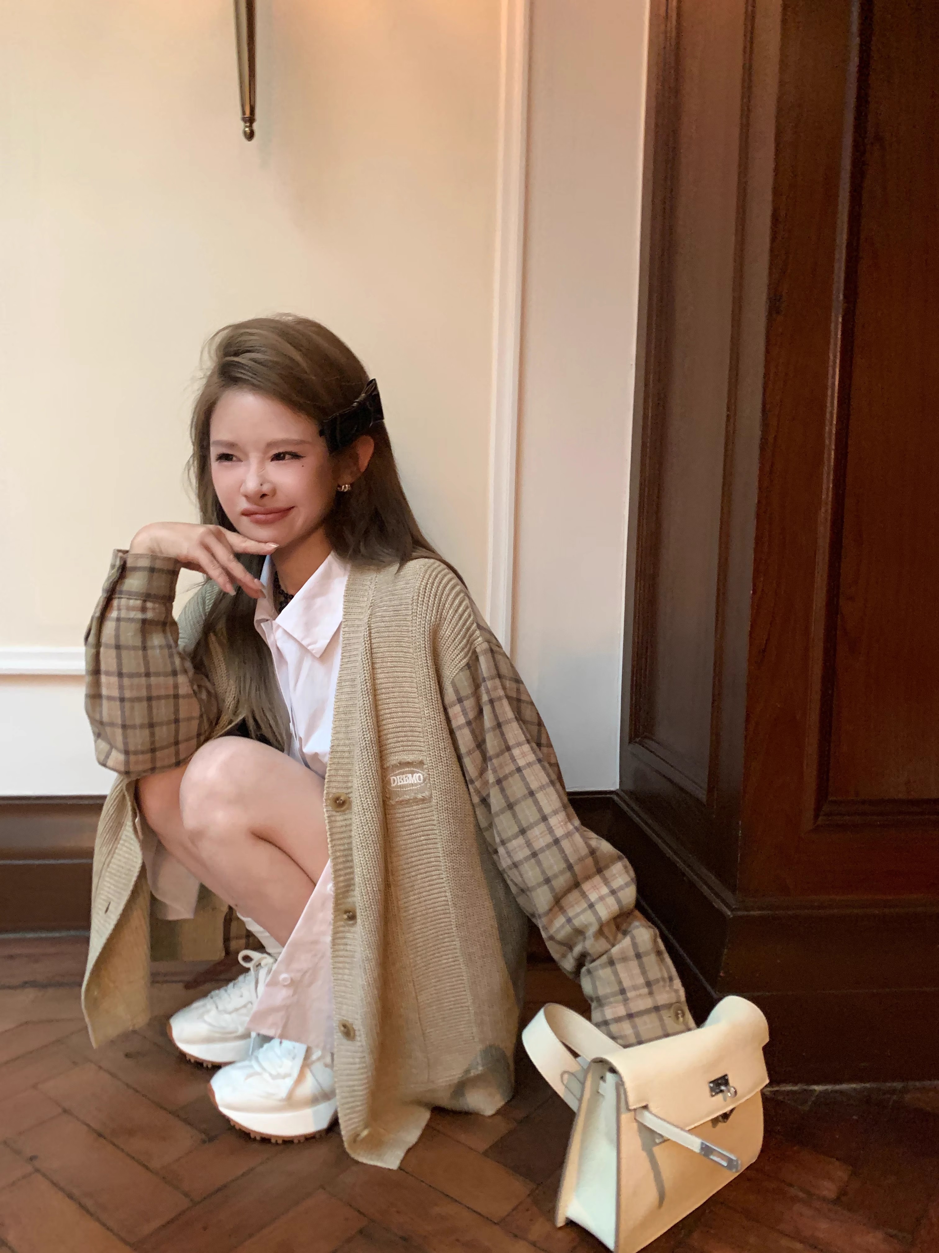 DEEMO 3rd Anniversary California Sunset Fashionable Casual Plaid Splicing Knitted Sweater Jacket Women's Autumn