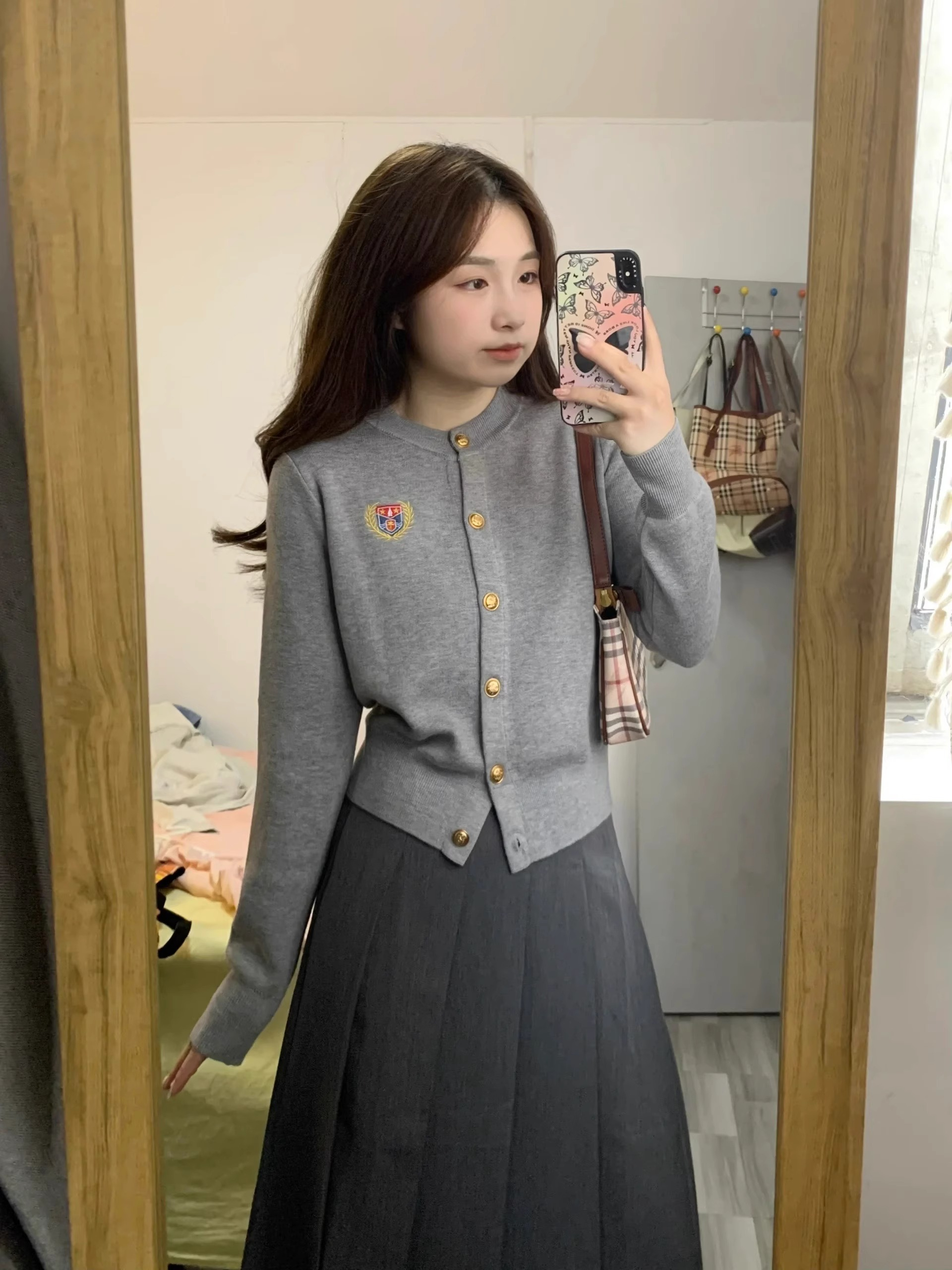 小個子學院風穿搭洋氣套裝秋裝新款針織開衫外搭百褶半身裙兩件套