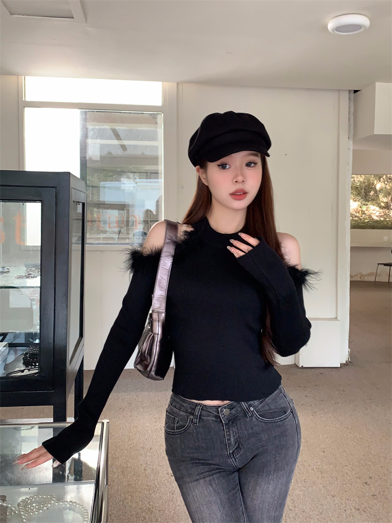 實拍 秋冬韓版洋氣半高領拼接毛毛針織衫修身性感百搭T恤毛衣