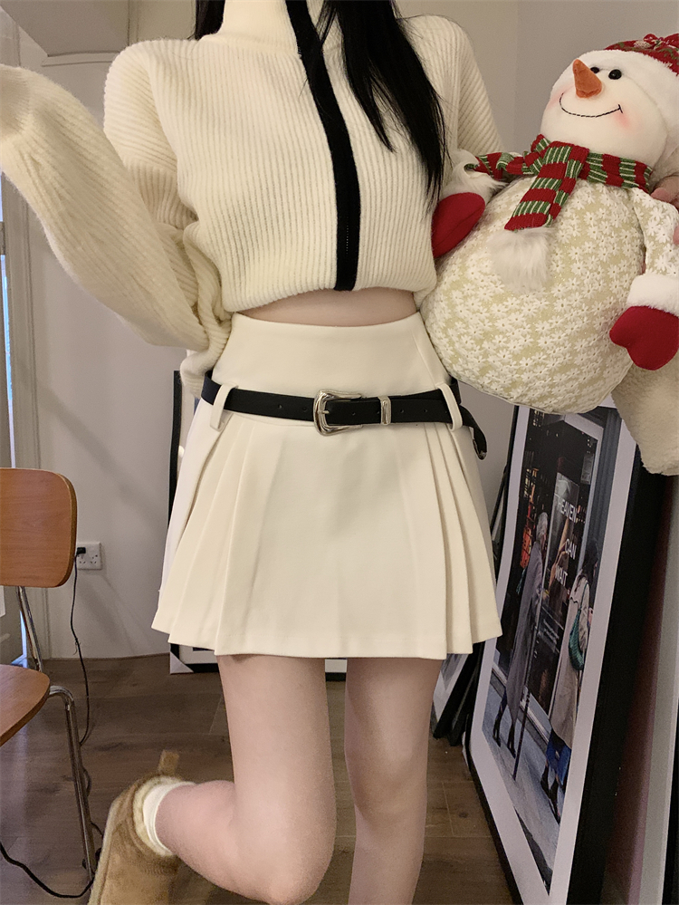 實拍 ~純欲風百褶毛呢半身裙女高腰顯瘦a字防走光短裙