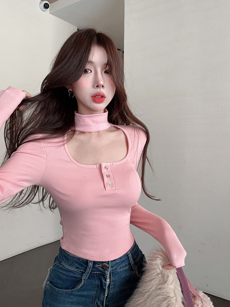 Real shot of waist slimming halterneck hollow slim long-sleeved T-shirt women's bottoming top