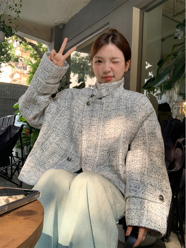 Actual shot of autumn and winter Korean chic simple temperament mixed color short coat thickened warm jacket