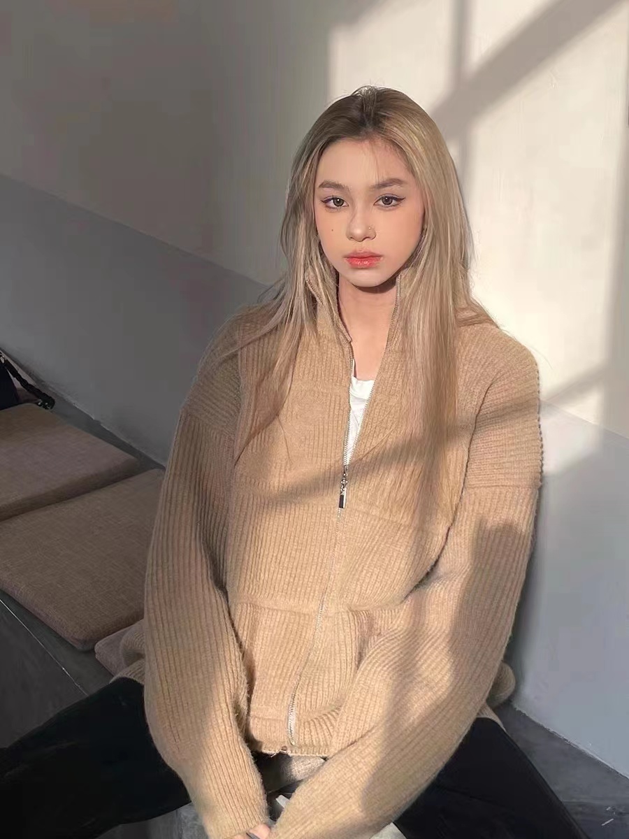 國潮慵懶坑條紋理凹繡開衫立領毛衣男女情侶針織衫