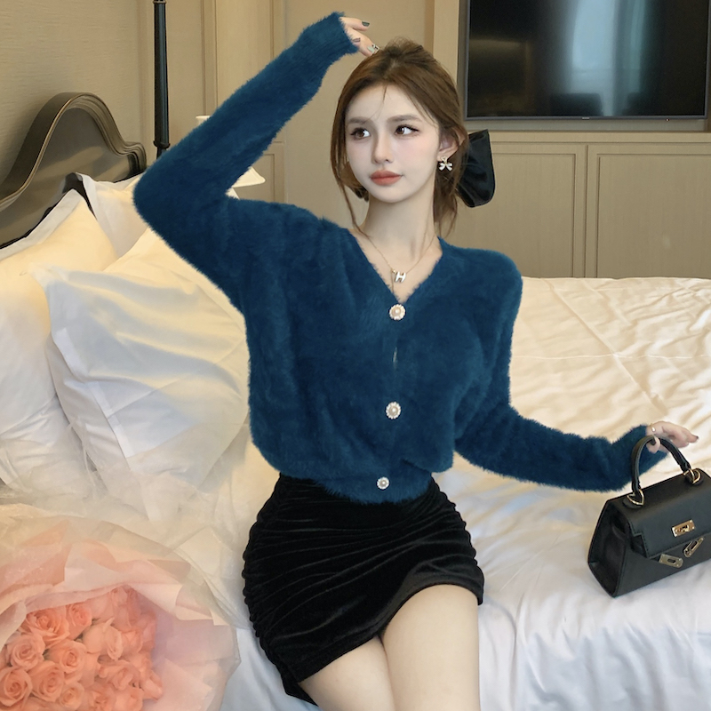 實拍 秋冬季高級感軟糯v領水貂絨毛衣女開衫韓版寬鬆短款針織外套