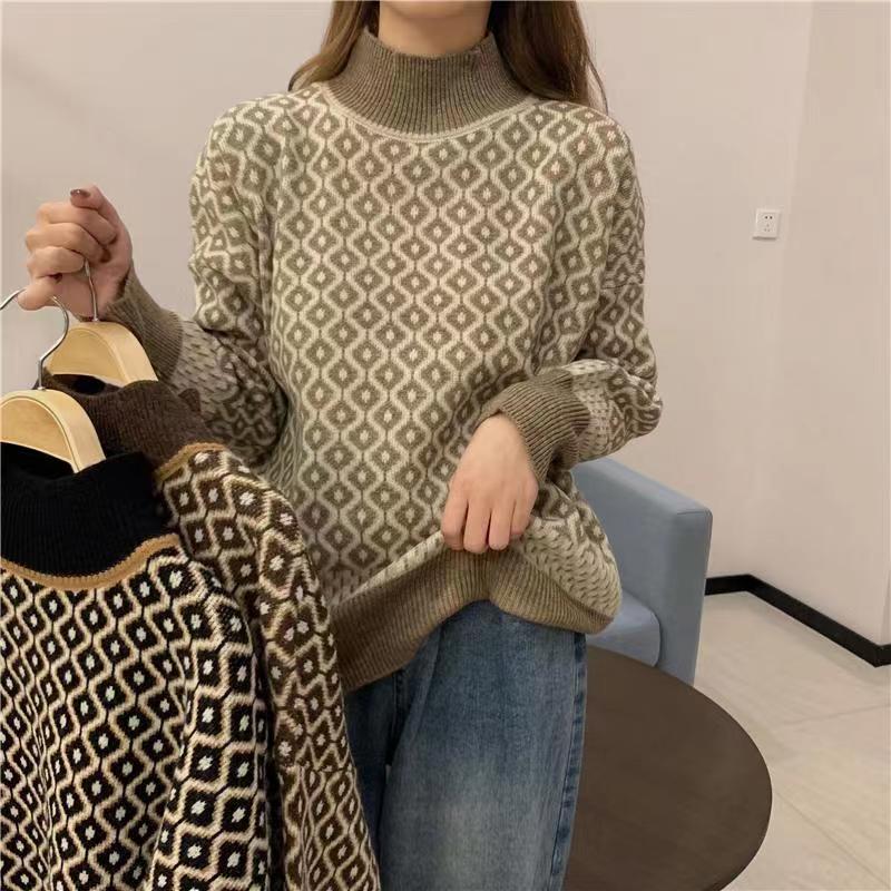 復古菱格高領毛衣女厚2023秋冬新款韓版寬鬆外穿慵懶風套頭針織衫