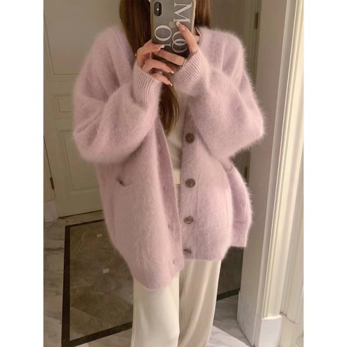 Pink Mink Velvet Soft Waxy Sweater Coat Women's Autumn and Winter Loose Lazy Wind Mid-Length Knitted Cardigan Furry