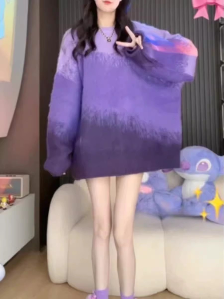 韓版設計感慵懶風漸變色套頭毛衣女秋冬甜美洋氣休閒外穿針織上衣