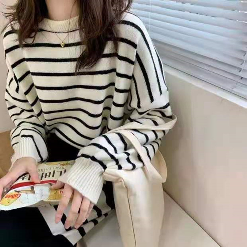 日系毛衣女寬鬆外穿韓版條紋2023秋新款洋氣百搭寬鬆休閒針織衫