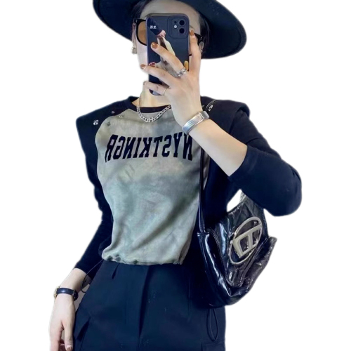 Original workmanship  new autumn fashion sleeve color block letter top women's casual shoulder pad long-sleeved T-shirt for women