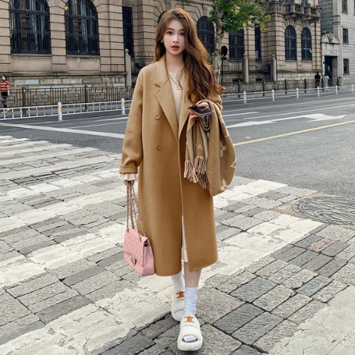 Pink woolen coat for women 2023 autumn and winter new Korean mid-length Hepburn style fashionable woolen coat trend