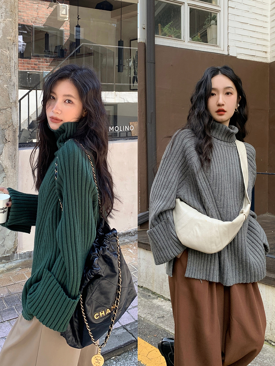 任小藝高領坑條毛衣女韓版寬鬆冬長袖秋冬寬鬆顯瘦外穿針織衫上衣