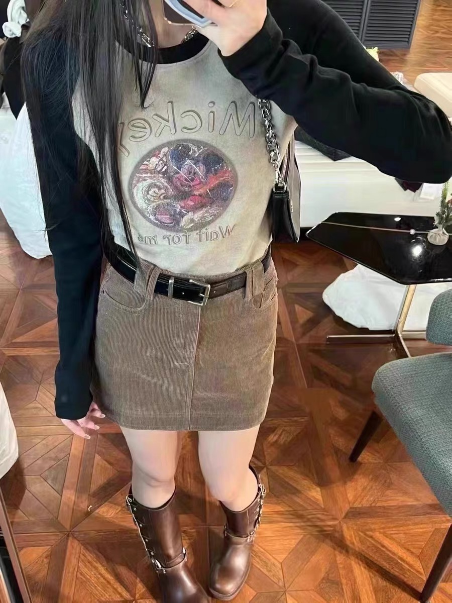 Thickened Brushed Cartoon Mickey Letters Printed Raglan Sleeves Color Matching Round Neck Bottoming Shirt Women's Autumn and Winter Long Sleeve T-Shirt Trendy