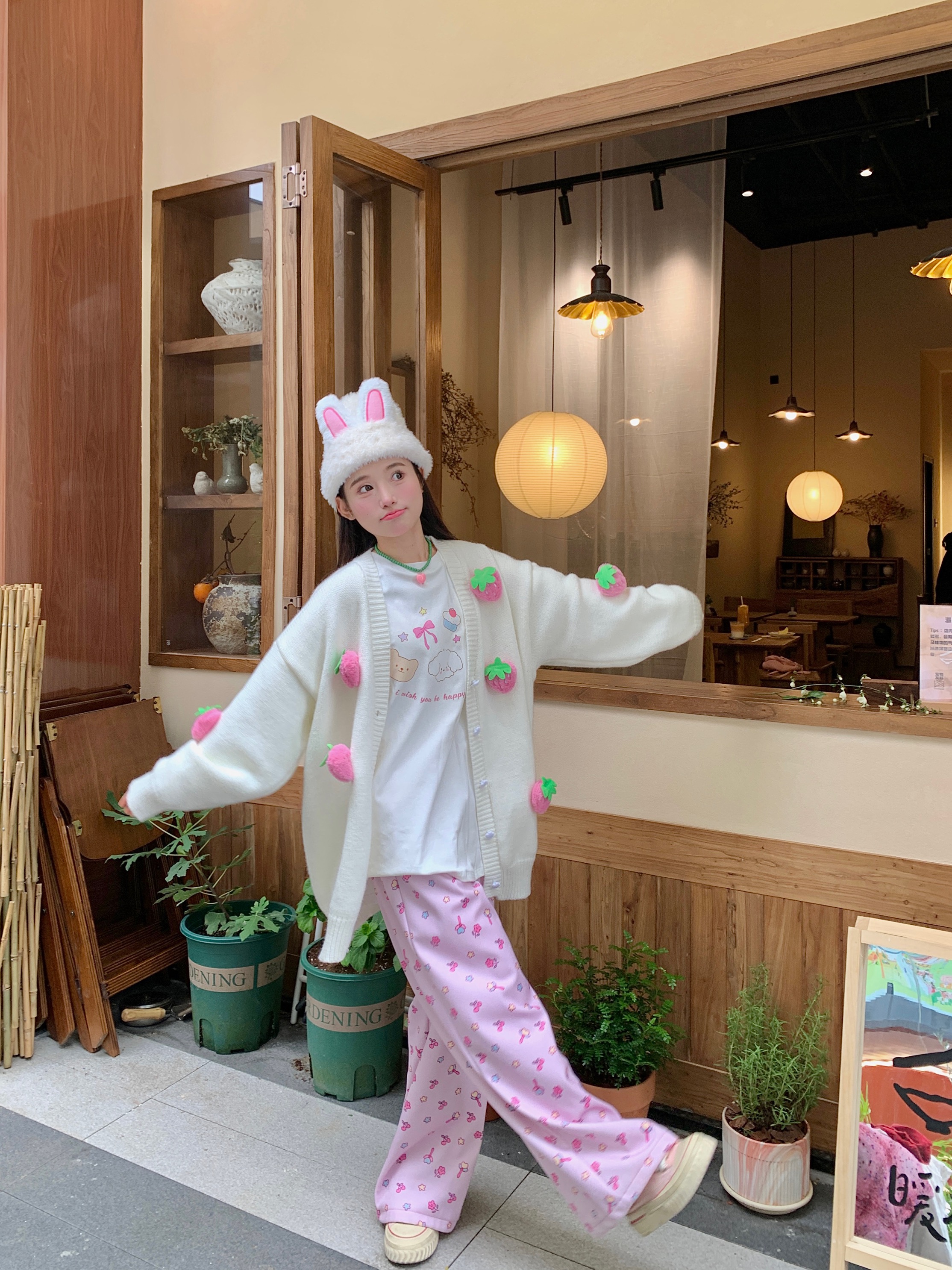 實拍 少女感立體草莓毛衣開衫秋冬純棉寬鬆T恤加絨寬鬆闊腿褲
