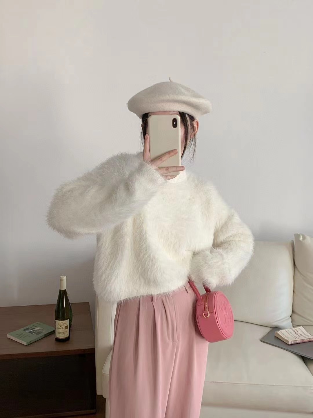 軟糯寬鬆仿水貂毛上衣女秋冬季圓領套頭毛衣毛絨針織衫
