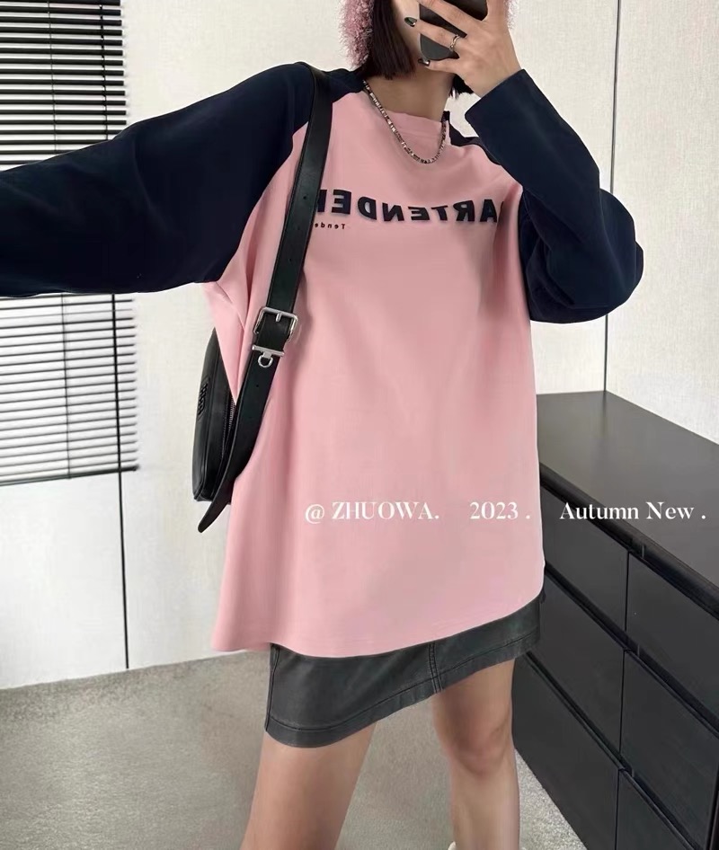 2023 Autumn and Winter New Simple Letter Printed Color Matching Mid-Length Loose Slim Long Sleeve Velvet T-Shirt for Women