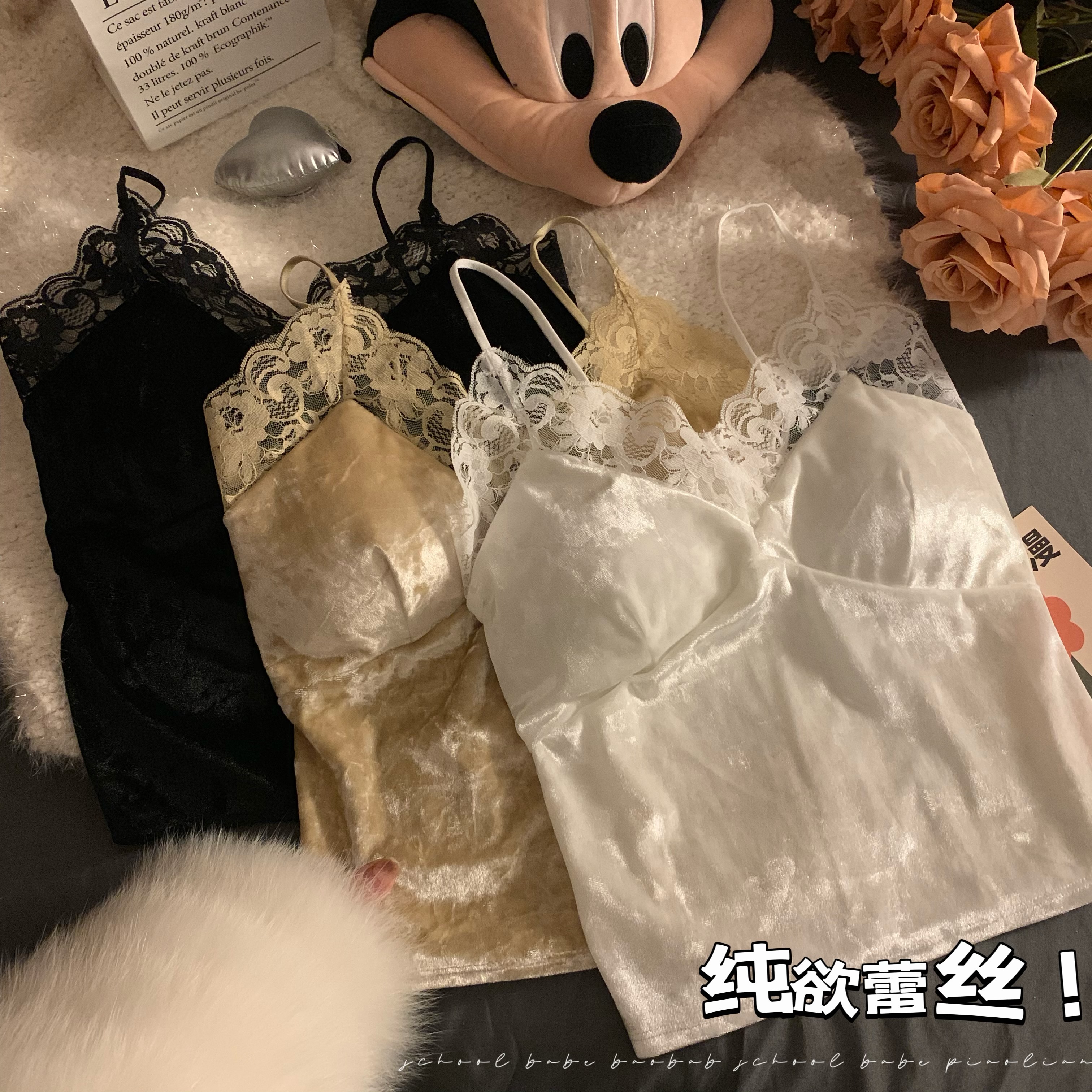 實拍絲絨蕾絲拼接小吊帶背心女內搭冬季純欲性感無袖打底上衣