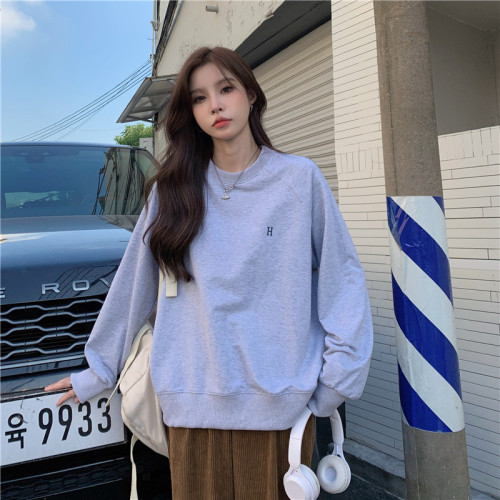 Real shot 2023 new Korean style embroidered round neck sweatshirt for women autumn and winter pullover top trendy ins