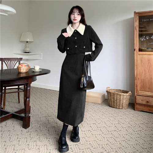 European cotton velvet hot corduroy two-piece autumn and winter large size fat mm small fragrance jacket + skirt set