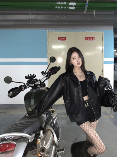 Real shot ~ cool girl style motorcycle leather jacket autumn and winter new American black retro top jacket