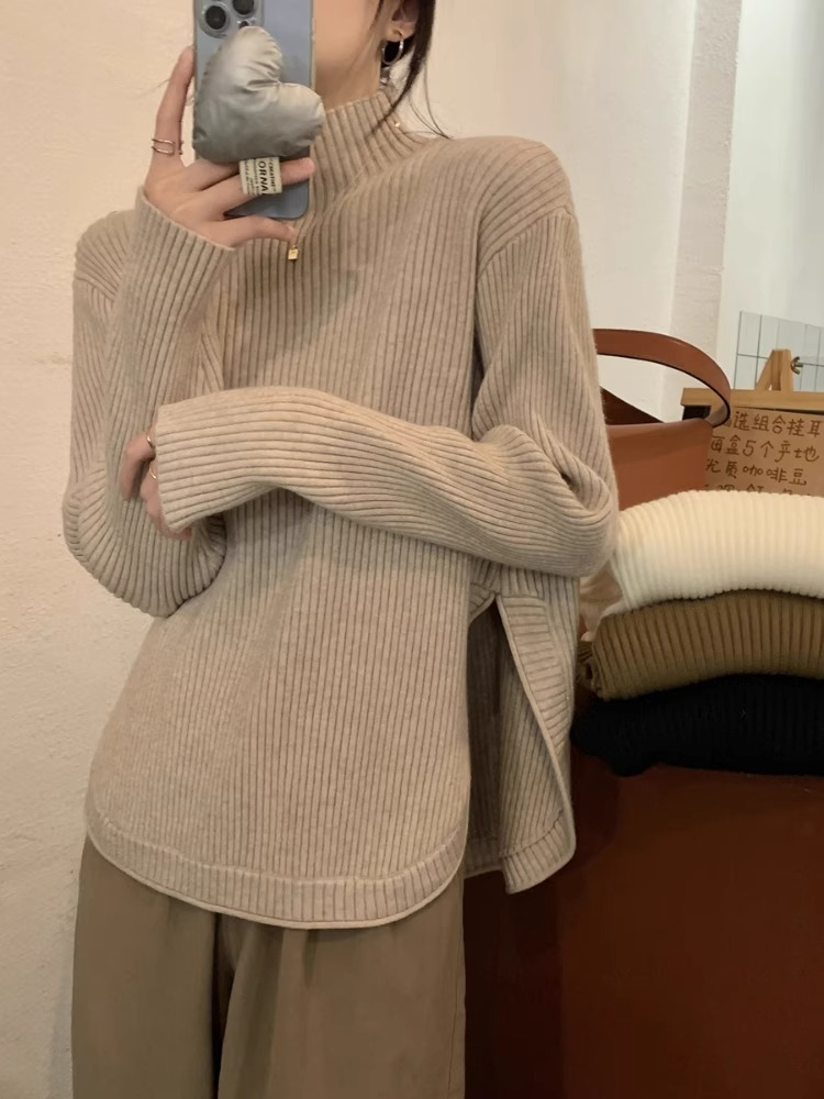 秋冬加厚半高領針織毛衣女設計感小眾寬鬆慵懶疊穿質量好的打底衫