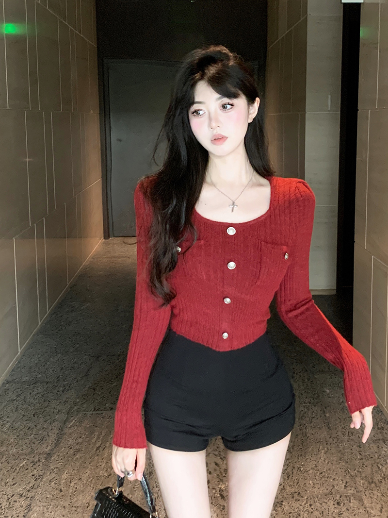 實拍 紅色圓領針織衫女秋冬新款修身加厚長袖打底毛衣短款上衣