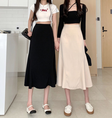 ~2023 new Korean style design semi-elastic waist mid-length skirt A-line skirt trendy for women