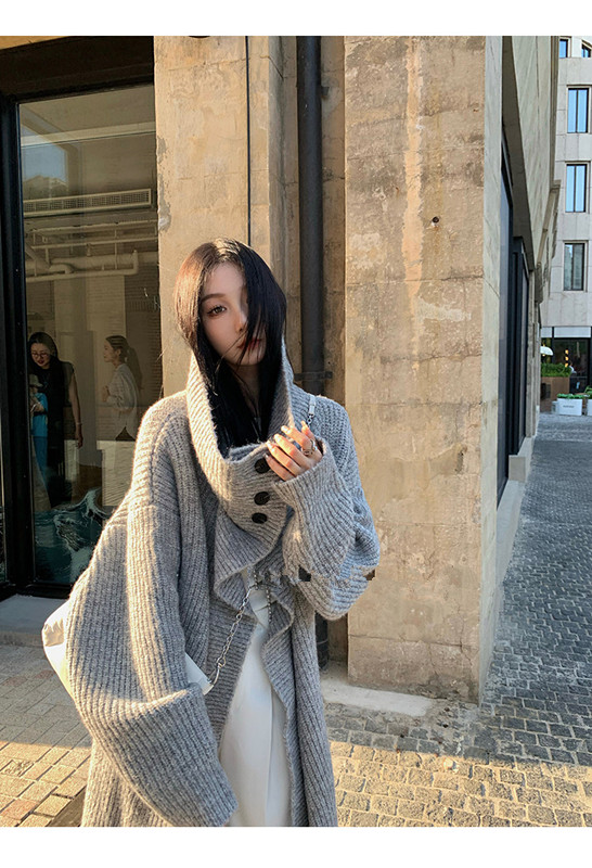 韓版區區歐陽大翻領長款開衫外套女秋季設計感小眾針織衫寬鬆復古
