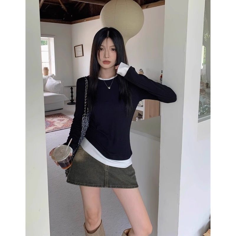 德絨春秋新款假兩件長袖T恤女韓版撞色打底衫修身顯瘦百搭上衣潮