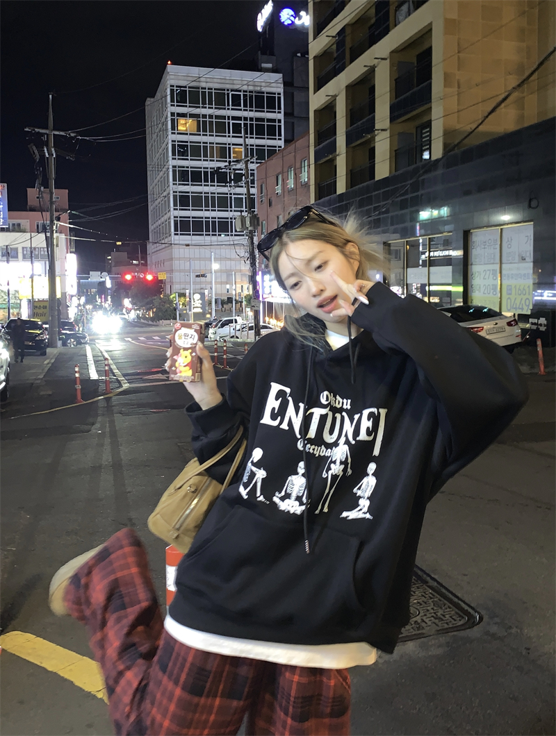 實拍~原創 美式復古酷酷骷髏印花黑寬鬆加絨連帽衛衣