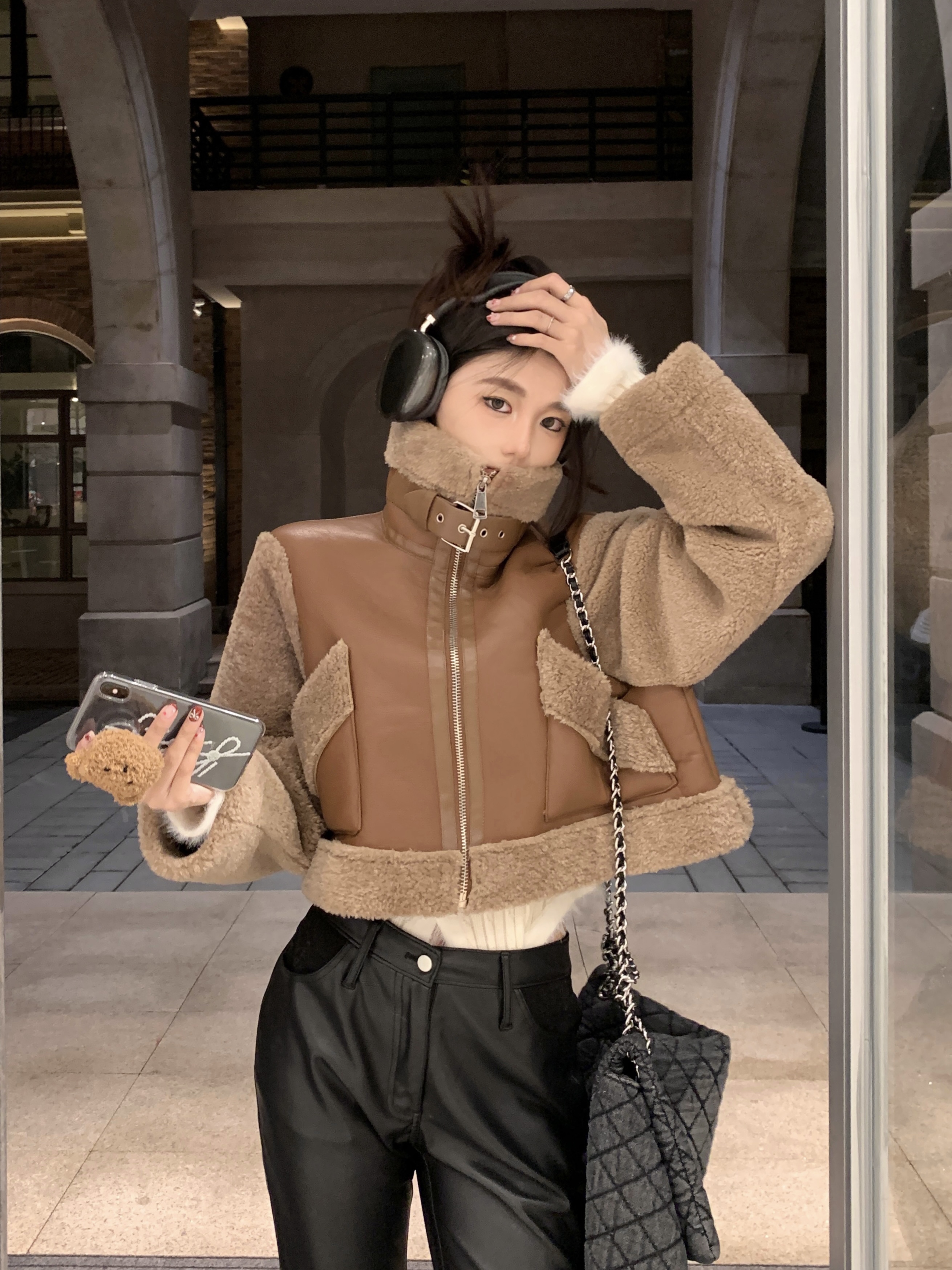 Real shot of retro Maillard Korean version loose thickened motorcycle jacket women's short lamb wool coat cotton coat
